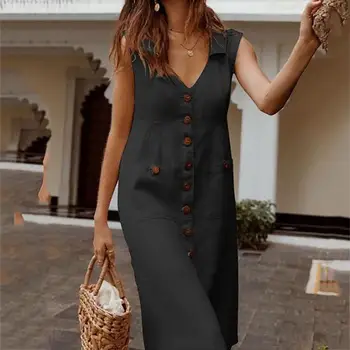 Plus Size Kvinder klæder sig Elegant V-Hals Solid Farve Kjole med Høj Talje, Ærmer og Enkelt-breasted Midi Kjoler Streetwear Vestidos