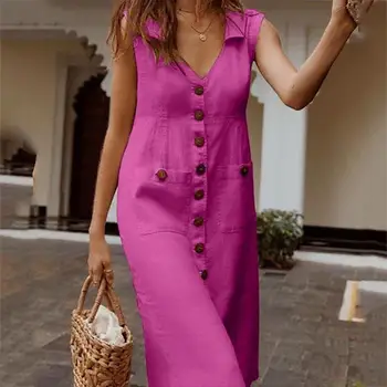 Plus Size Kvinder klæder sig Elegant V-Hals Solid Farve Kjole med Høj Talje, Ærmer og Enkelt-breasted Midi Kjoler Streetwear Vestidos