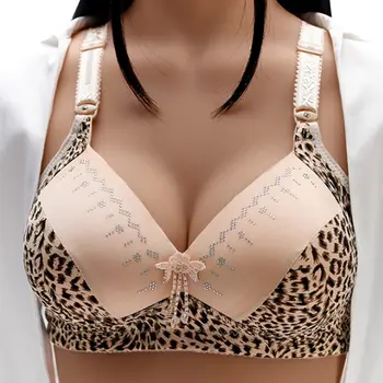 Plus Size Kvinder, Undertøj, Bh, Fuld Dækning Wire Gratis Blød Leopard Print Sexet Undertøj, Bh, Big Breast Bulks Åndbar Bralette