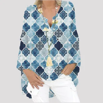 Plus Size Mode Kvinder Bomuld Bluse med Lange Ærmer Plaid Shirt Print Løs V-hals Boheme Bluse Kvindelige Casual Bluse Toppe