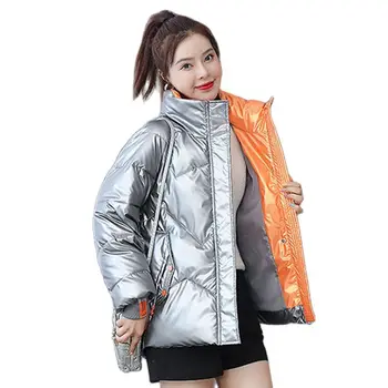 Plus size tøj Parkacoats Kvinder Mode Jakker Kvinde Vinter 2021 koreanske Tråd Ærme Skinnende Ned Polstret Holde Varm Frakke Kvinder