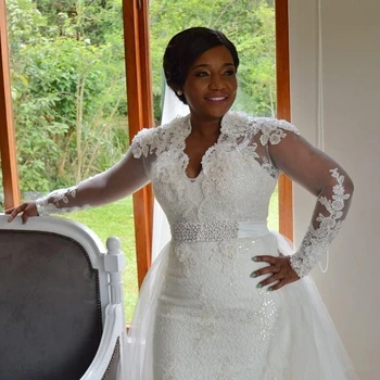 Plus Størrelse Afrikanske Havfrue brudekjoler med Aftagelig Tog 2020 Lange Ærmer Crystal Blonder Have Bryllup Bride Kjole