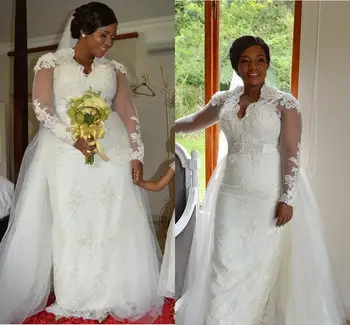 Plus Størrelse Afrikanske Havfrue brudekjoler med Aftagelig Tog 2020 Lange Ærmer Crystal Blonder Have Bryllup Bride Kjole