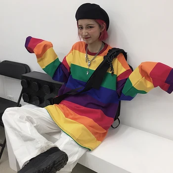 Plus Størrelse Kausale Bomuld T-Shirt Kvinder Stribet T-shirt Rainbow Shirt Kvindelige Harajuku Løs Top Shirts Punk Style Top