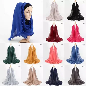 Plus Størrelse Muslimske Tørklæde Sjaler Hijab Pom Bolde Kvinder Tørklæde, Pandebånd Bomuld Farve 80*180 cm