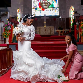 Plus Størrelse Vestido De Novia Afrikanske Flæser Havfrue brudekjoler Lace langærmet Kirke Brude Kjoler Perle robe de mariee