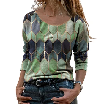 Plus Størrelse Vintage Kvinder med Lange Ærmer O Hals Geometriske Sekskant Print T-shirt, Bluse Top med Lange Ærmer T-Shirts Ladies Fashion Top