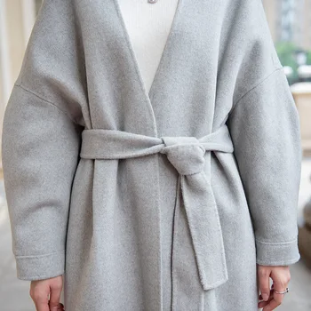 Plus Uld Frakke Kvindelige Størrelse Vinteren Kvinde Frakker 2021 Fashion Damer Lange Uldne Jackst + Bælte Elegante Efteråret Abrigos 1808