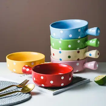 Polka Dot Keramik, Bagning Skål Med Håndtag Bagning Bagte Ris Bageforme Instant Noodle Bowl Skål Morgenmad Husstand Service