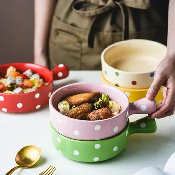 Polka Dot Keramik, Bagning Skål Med Håndtag Bagning Bagte Ris Bageforme Instant Noodle Bowl Skål Morgenmad Husstand Service