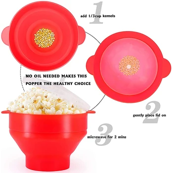 Popcorn Skål Med Låg Og Håndtag Kan Klappes Sammen Mikrobølgeovn, Ovn Popcorn Maker Mad-Grade Silikone Puffet Ris Skål For Home Party