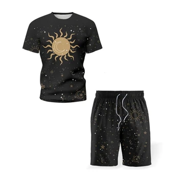 Populære Mænd T-shirt + Shorts Sæt Sommer Træningsdragt Casual T-shirt Løbe Sæt Mode 3D-Solen og Månen er Trykt Mandlige Sport, der Passer
