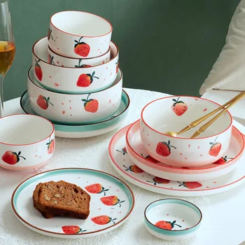 Porcelæn, Service, Mad, Frugt, Dessert Tallerken Søde Jordbær Mønster Kage Skuffer Indstille Par Ris Skåle Bone China Porcelæn Sæt