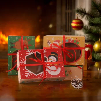 PRETYZOOM 12pcs Jul Cookie Kasser Kraftpapir Kasser med 1 Rulle/22m Bånd Gave Slik Kasser til julefrokost Helligdage