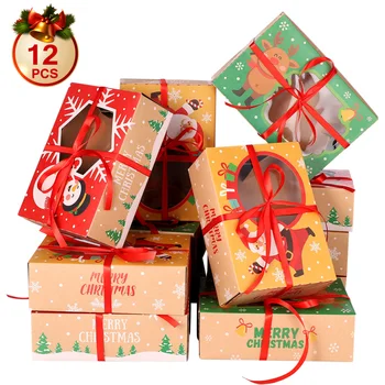 PRETYZOOM 12pcs Jul Cookie Kasser Kraftpapir Kasser med 1 Rulle/22m Bånd Gave Slik Kasser til julefrokost Helligdage