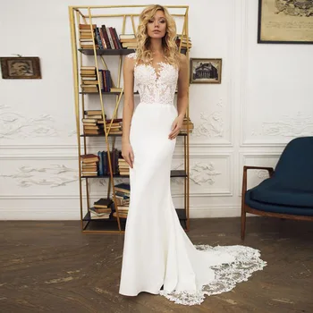 Princess Wedding Dress 2021Mermaid Robe De Mariee Elegante Backless Ærmeløs Design Chiffon Blonder Bride Dress Billige