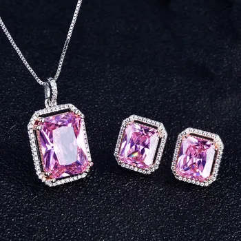 Prinsesse Rektangel Zircon Halskæde-Emulering Pink Turmalin Farve Skat Ring Pladsen Diamond Øreringe