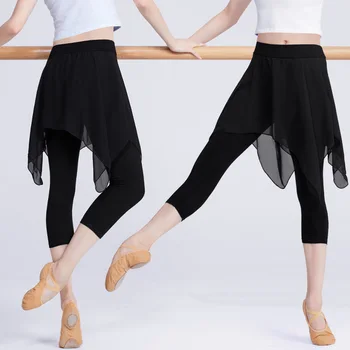 Professionel Sort Ballet Elastisk Dans Leggings Piger Kvinder Voksen Ballet Træning Bukser Med Chiffon Nederdel Fitness Bukser