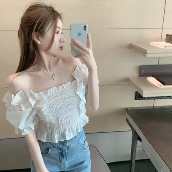 Puff kortærmet dame Toppe om Sommeren Nye Mode Brand Slash Hals Tees Slanke Off Skulder Hvid T-Shirt til Kvinder Tøj koreansk