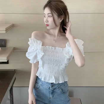 Puff kortærmet dame Toppe om Sommeren Nye Mode Brand Slash Hals Tees Slanke Off Skulder Hvid T-Shirt til Kvinder Tøj koreansk