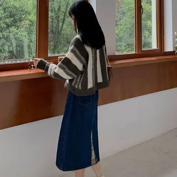 Pullovere Kvinder Efteråret Stribet O-hals Vintage-Blød Strik Casual Varme Trøjer Dovne Studerende Japansk Stil Kvindelige Chic