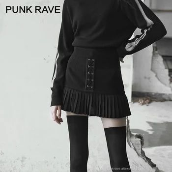 PUNK RAVE Kvinders Punk Punk Plisseret Sort Halv-nederdel med Tie-up Reb Nitter Personlighed Kvinder Mini Nederdel Streetwear