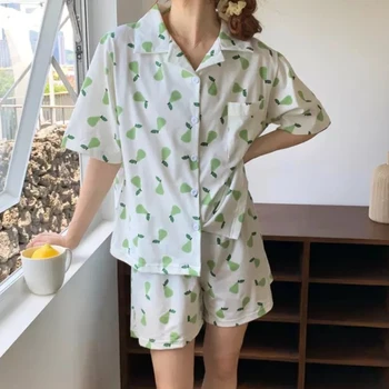 Pyjamas Sæt Søde Kvinder Trykt Hyggelig Korte Ærmer Loungewear Løs, Afslappet, Udendørs Teens Koreansk Stil Simple Mode Kvindelige Sommer