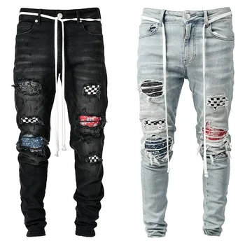 QNPQYX Hul Streetwear Jeans Hip Hop Tether Bukser til Mænd High Street Self-dyrkning Rippet Fødder Bukser Nye Jeans Mænd