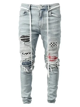 QNPQYX Hul Streetwear Jeans Hip Hop Tether Bukser til Mænd High Street Self-dyrkning Rippet Fødder Bukser Nye Jeans Mænd