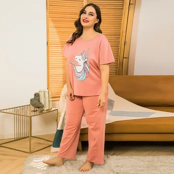 QWEEK Plus Size 2 delt Sæt Kvinder 4xl Sommer Pyjamas Kawaii Unicorn Print Pyjama Kvindelige Hjem Tøj, Nattøj Løs Pijamas