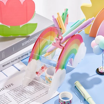 Rainbow Kaktus Form Akryl Pen Indehaveren Søde Multi Rum Blyant Boks Børn Desktop Papirvarer Arrangør Dekoration