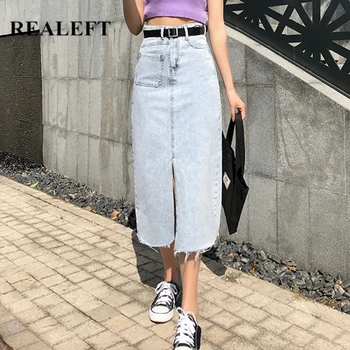 REALEFT 2021 Nye Forår Sommer Vintage Kvinders Lange Denim Nederdel med Bælte Høj Wasit Lige Kvindelige A-linje Foran Split Nederdel