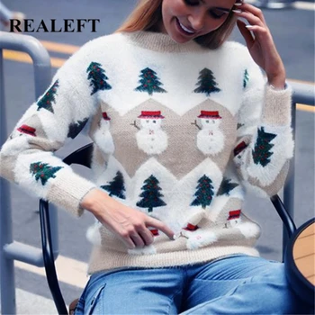 REALEFT Nye 2020-Efterår og Vinter Kvinder juletræ Udskrivning Strikke Trøjer Smart langærmet Sweater Kvindelige Strik Toppe