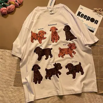 Ren Bomuld Vintage Søde Hunde Dyr Tegnefilm Print T-Shirts 2021 Sommeren Korte Ærmer Toppe Kvinder Fashion Streetwear Teens Tøj
