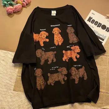 Ren Bomuld Vintage Søde Hunde Dyr Tegnefilm Print T-Shirts 2021 Sommeren Korte Ærmer Toppe Kvinder Fashion Streetwear Teens Tøj