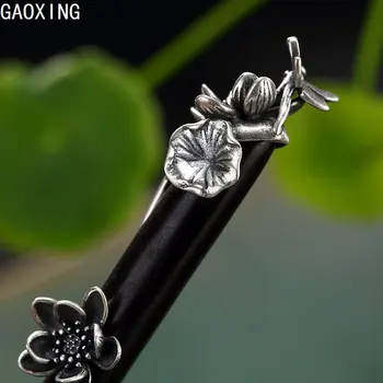 Rene Naturlige Sandeltræ Etniske Hårnål Kvinders Thai Sølv Lotus Blad Blomst Hår Ornament 925 Silver Gaffel