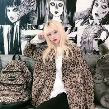 Retro Shirt Jakke Streetwear Harajuku Leopard Print Langærmet Uld Kvinders Ydre Jakke Efteråret og Vinteren Top