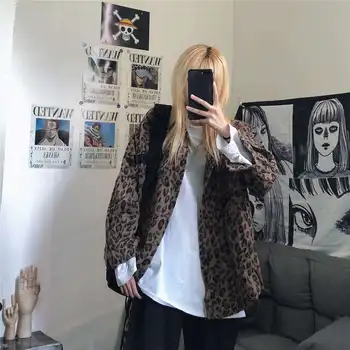 Retro Shirt Jakke Streetwear Harajuku Leopard Print Langærmet Uld Kvinders Ydre Jakke Efteråret og Vinteren Top