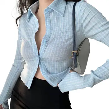 Retro Stil Shirt Revers Slank Vintage Kvinder Ternet langærmet Top til Dating Kontor Streetwear Toppe
