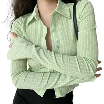 Retro Stil Shirt Revers Slank Vintage Kvinder Ternet langærmet Top til Dating Kontor Streetwear Toppe