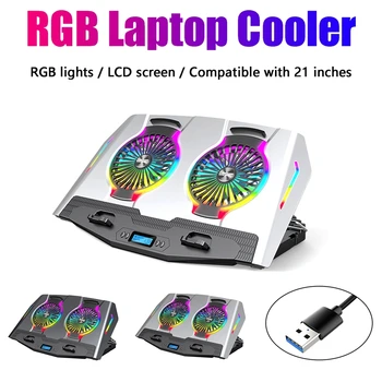 RGB Laptop Cooler 11-21 Tommer Dual Fan med LCD-Display, Gaming Laptop Cooling Pad Bærbare computer Stå med 2 USB Porte