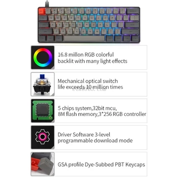 RGB-LED-Baggrundsbelyst Kablede Mekanisk Tastatur,Bærbare Kompakt Vandtæt Mini Gaming Tastatur 61 PBT-Tasterne Gateron Switcs
