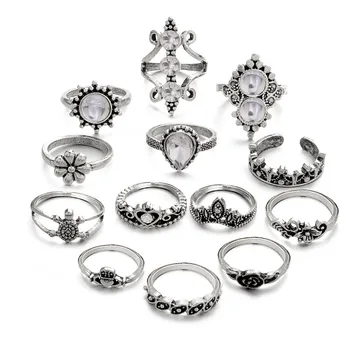 Ringe Sæt Kvinder 13pc Damer Vintage Silver Stak Ringen Over Grænsen Kombination Ring Set Trendy Personlighed Smykker Bijoux Femme