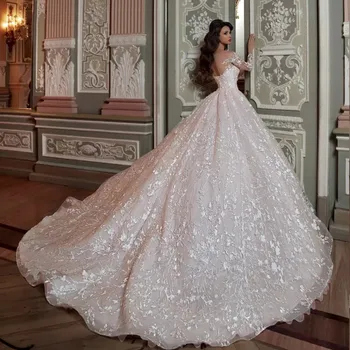 Robe De Mariee 2020 Skinnende Perler Crystal Talje Luksus brude kjole Eksklusive Blonder Bolden Kjole med lange ærmer brudekjoler