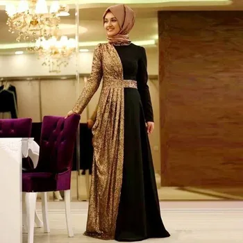 Robe Soiree Dubai Tyrkisk Islamisk Muslimske Aften Kjole Med Lange Ærmer Pailletter Abaya Prom Kjoler Skræddersyet Fest Kjole 2020