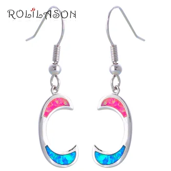 ROLILASON Nye Hot Populære C Design Farve Ild Opal Sølv Stemplet Dingle Øreringe Opal Mode Smykker til Kvinder OE600