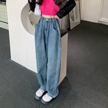 S-XL efteråret koreansk stil, høj, Justerbar talje, Brede Ben jeans til dame Lige denim bukser dame (N0202)