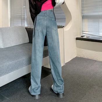 S-XL efteråret koreansk stil, høj, Justerbar talje, Brede Ben jeans til dame Lige denim bukser dame (N0202)