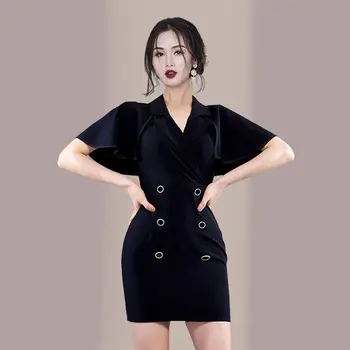 S-XL Plus Size 2021 Sommeren Elegante koreansk Office Kjole Kvinder Sexet Flæser Kappe Ærmer Kjole Lady Streetwear Kvindelige Vestidoes