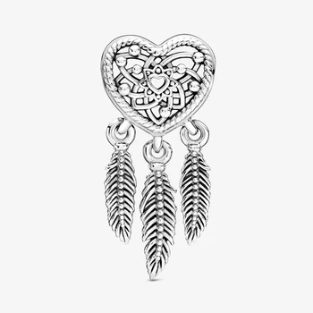 S925 sølv farve Hule hjerte og tre falling feather drøm fangere charm perler for kvinder Smykker passer oprindelige pandora
